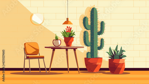 Drawing cactus on the table minimalism vector
