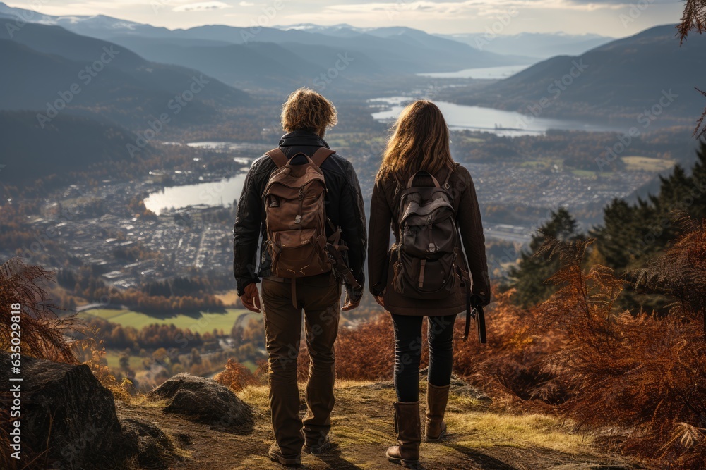 Couple enjoying a breathtaking view from a mountaintop  - stock photography concepts