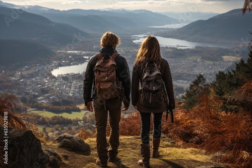 Couple enjoying a breathtaking view from a mountaintop - stock photography concepts