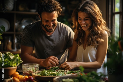 Couple sharing a laugh while cooking together - stock photography concepts