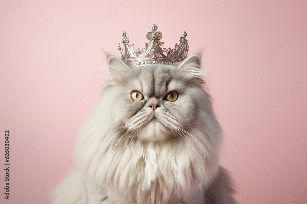 Fototapeta premium Grumpy Persian cat with crown on pastel pink background.