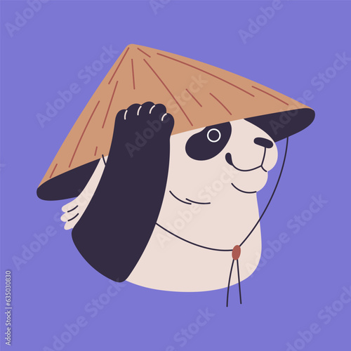 Cute panda in traditional chinese, conical, rice hat. Fluffy asian bear put on headdress on furry head, lovely animal muzzle with headwear from bamboo. China culture. Flat isolated vector illustration