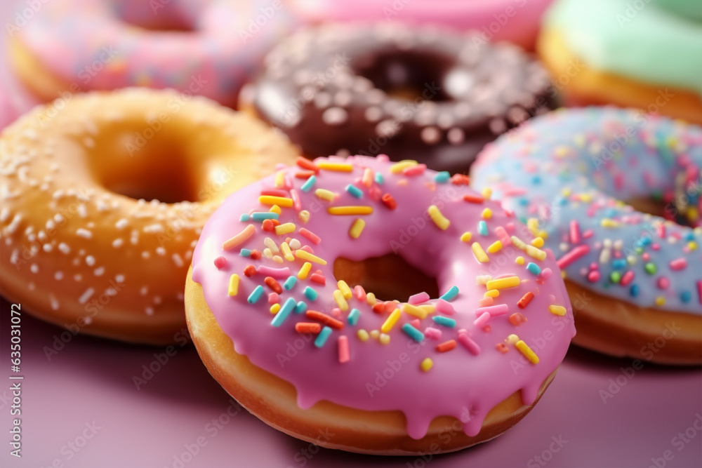 Colorful donut pastries with sugar sprinkles Colorful donut pastries with sugar sprinkles