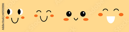 Vector set of cute smiling and laughing faces. Kawaii funny face collection. Cute emoticons in flat design. Cute happy faces with blush.