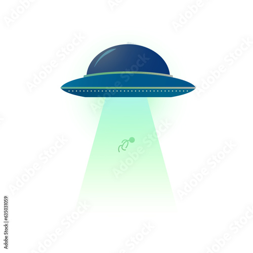 Blue UFO Abducting a doodle man, isolated on white background. Vector Illustration. EPS 10. 