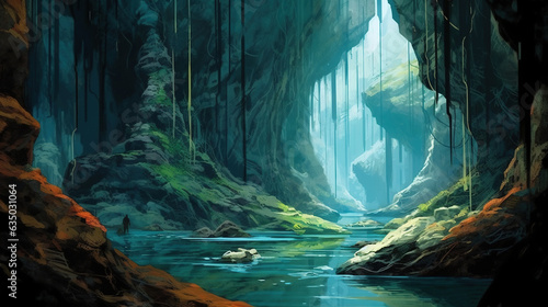 Exploring hidden caves and grottos . Fantasy concept , Illustration painting.
