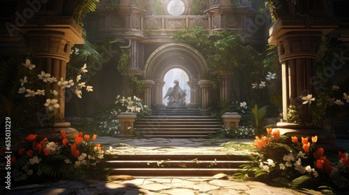 environment art inside a temple with many colorful plants