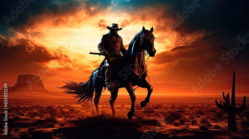 western cowboy riding his horse at night