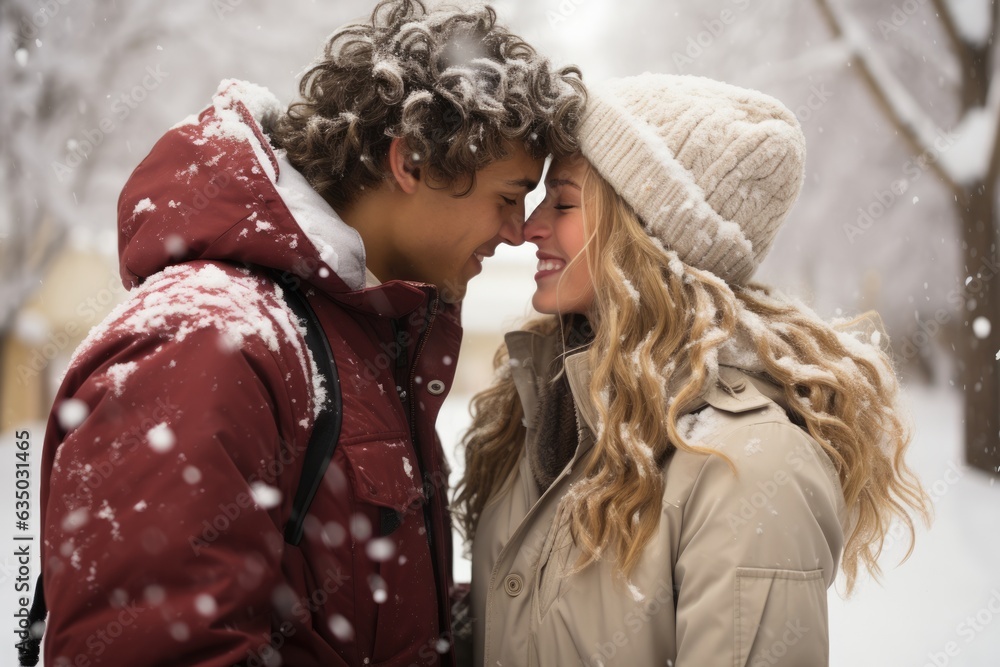 Couple stealing a kiss during a playful snowball fight stock