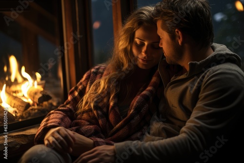 Couple snuggling by a cozy cabin fireplace - stock photography concepts