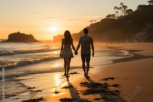 Couple walking hand in hand along a beach at sunrise - stock photography concepts