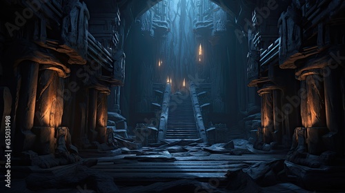 underground temple, dark cavern columns with ruins etched into them