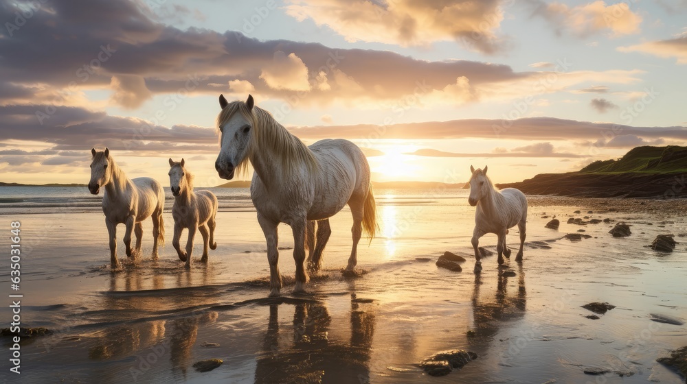 free roaming horses with little ones at early morning sunrise at the shore free roaming horses with little ones at early morning sunrise at the shore