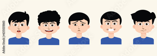 Set of kid`s emotions. Facial expression. Cartoon boy avatar. Vector illustration of cartoon child character