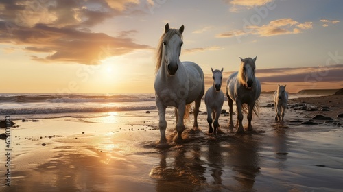 free roaming horses with little ones at early morning sunrise at the shore