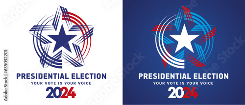 USA Presidential Election 2024. USA star with american flag colors and symbols. Voting Day 2024 Election in USA, Political election campaign emblem logo on blue and white background