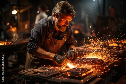 Murais de parede Fiery sparks flying as a blacksmith hammers red-hot metal - stock photography co