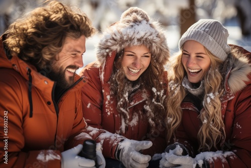 Friends sharing a snow picnic on a sunny day - stock photography concepts