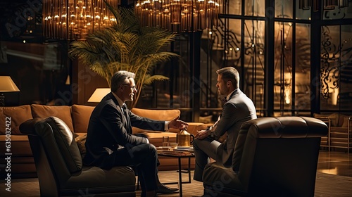 Two Business People Discussing Work During Meeting At Luxurious Hotel Lobby