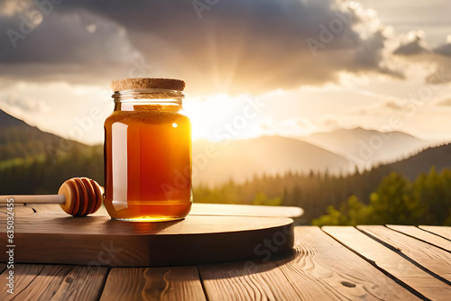 Honey in a closed glass jar and a bowl on a wooden background. Composition of honey jars, dipper and flowers. Healthy foods. organic honey. Organic products. Generative AI photo