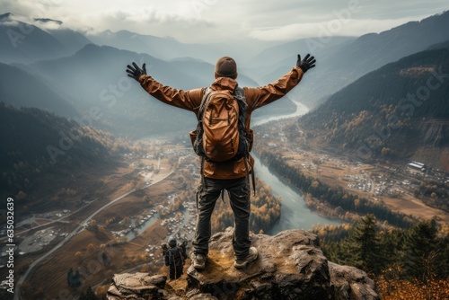 Hiker reaching a mountain peak with unyielding passion - stock photography concepts