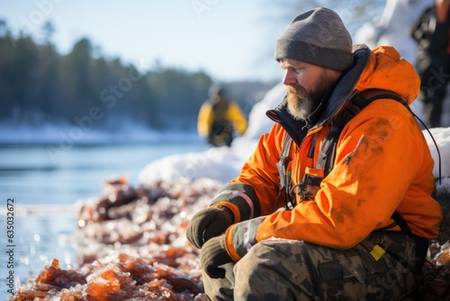 Ice fisherman watching for a bite photo - stock photography concepts