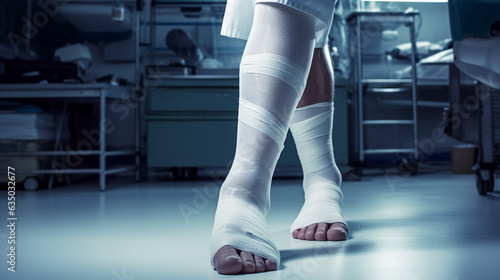 Fotografie, Obraz Generative AI, broken leg in plaster, white bandages, limb fracture, bone fractu