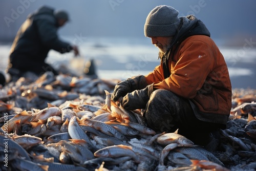 Ice fisherman watching for a bite photo - stock photography concepts