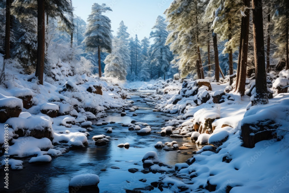 Icy river flowing through a forest photo - stock photography concepts