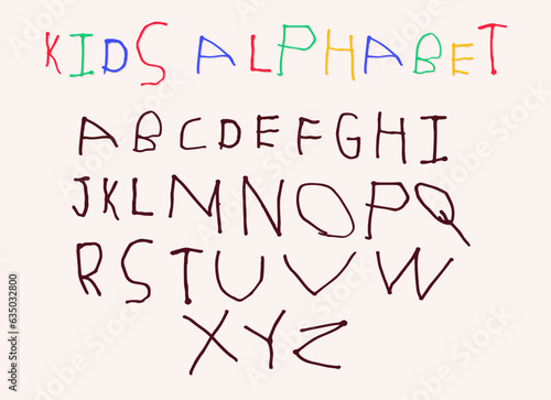 Hand drawn by small kid letters English ABC. Cartoon primitive child alphabet