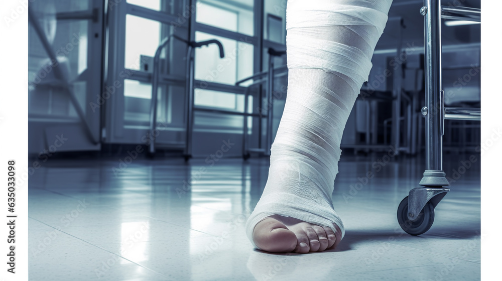 Generative AI, broken leg in plaster, white bandages, limb fracture