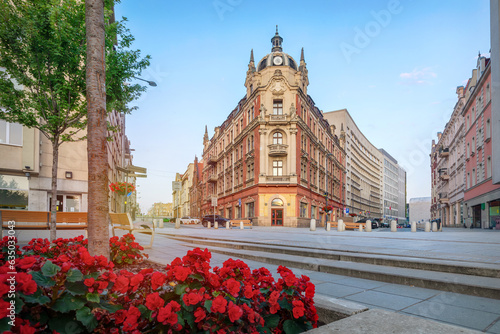 Katowice, Poland - view of building with clock on central square (Rynek)