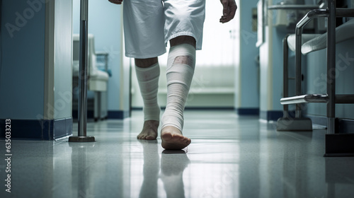 Fotografie, Tablou Generative AI, broken leg in plaster, white bandages, limb fracture, bone fractu