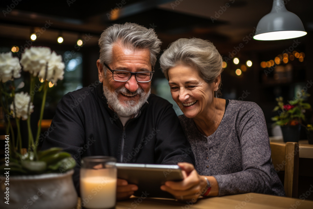 senior couple using laptop at home senior couple using laptop at home