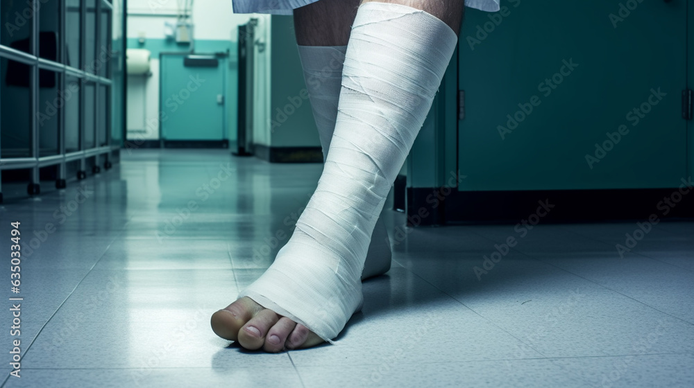 Generative AI, broken leg in plaster, white bandages, limb fracture