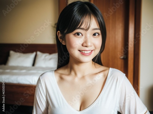 A charming and beautiful Japanese / Asian girl with a white low cut dress as she looks directly at the camera, her warm smile radiating joy and positivity. generative AI.
