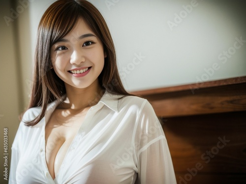 Cheerful Asian/Japanese young woman with long hair, white office shirt, in front of a plain white studio, softly lit. Suitable for diverse projects. generative AI.