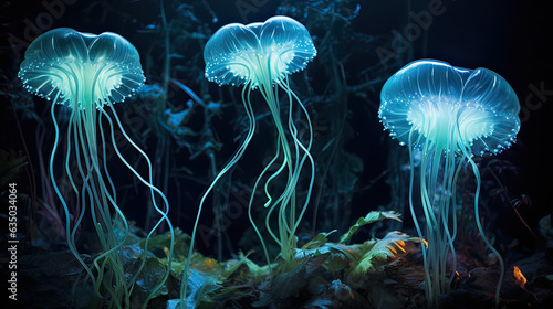 Bioluminescent Wonders, the beauty of bioluminescent organisms, illuminating a dark and magical natural environment. AI generative