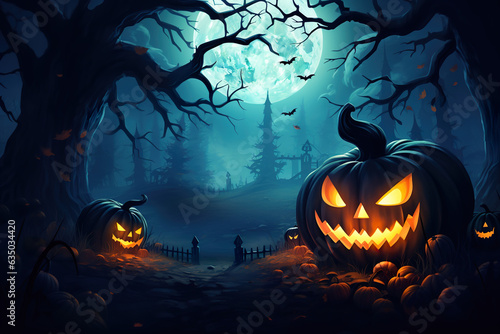 Halloween themed colorful wallpaper background with pumpkins, scary trees, big moon, bats and castle with Generative AI