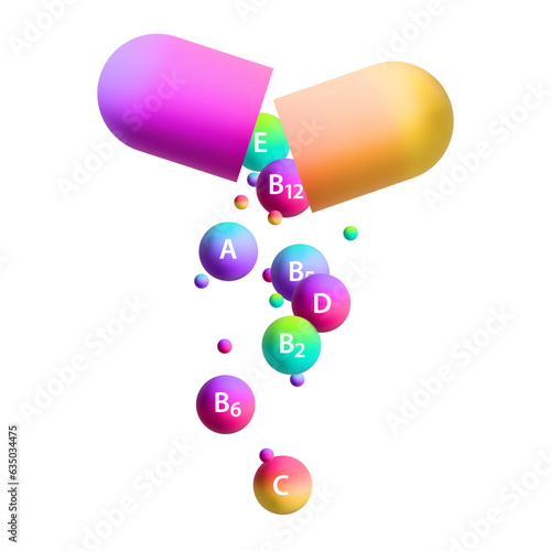 Icon vitamin pill capsule and vitamins bubbles with names for dietary supplement and healthy lifestyle. A, B and ascorbic acid C, vitamin D pills