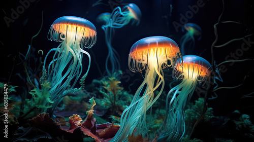 Bioluminescent Wonders, the beauty of bioluminescent organisms, illuminating a dark and magical natural environment. AI generative © SK
