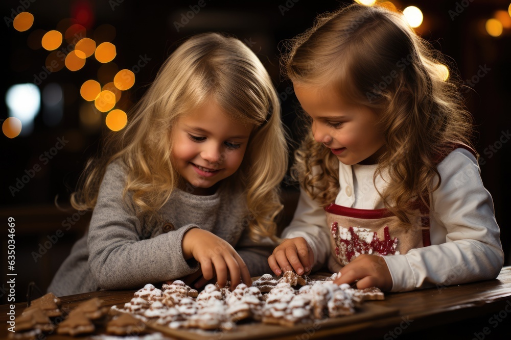 Kids decorating a gingerbread house with candies - stock photography concepts Kids decorating a gingerbread house with candies - stock photography concepts
