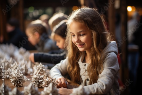 Kids crafting paper snowflakes and other holiday decorations - stock photography concepts