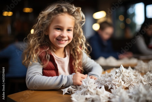 Kids crafting paper snowflakes and other holiday decorations - stock photography concepts