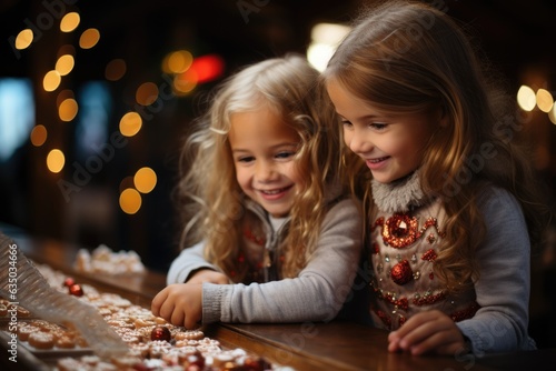 Kids decorating a gingerbread house with candies - stock photography concepts