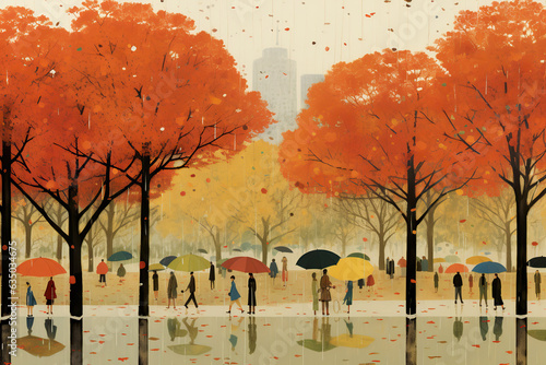 autumn rainy park with trees with orange leaves and many people with umbrellas in Japanese sketch style with Generative AI photo