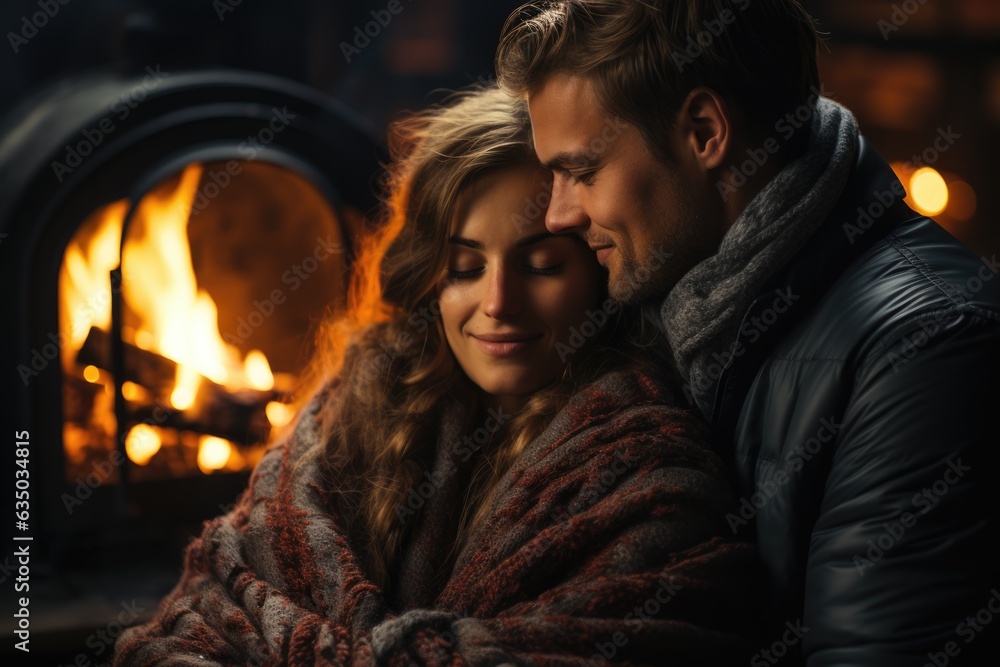 Lovers cuddling up by a cozy fireplace photo - stock photography concepts