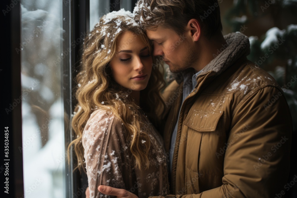Lovers embracing in a warm embrace by a snowy window - stock photography concepts