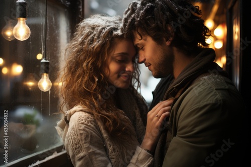 Lovers embracing in a warm embrace by a snowy window - stock photography concepts