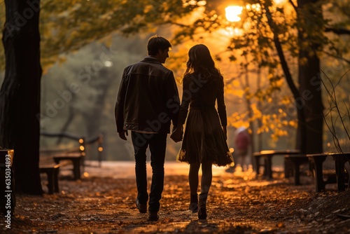 Lovers holding hands as they walk through a park - stock photography concepts